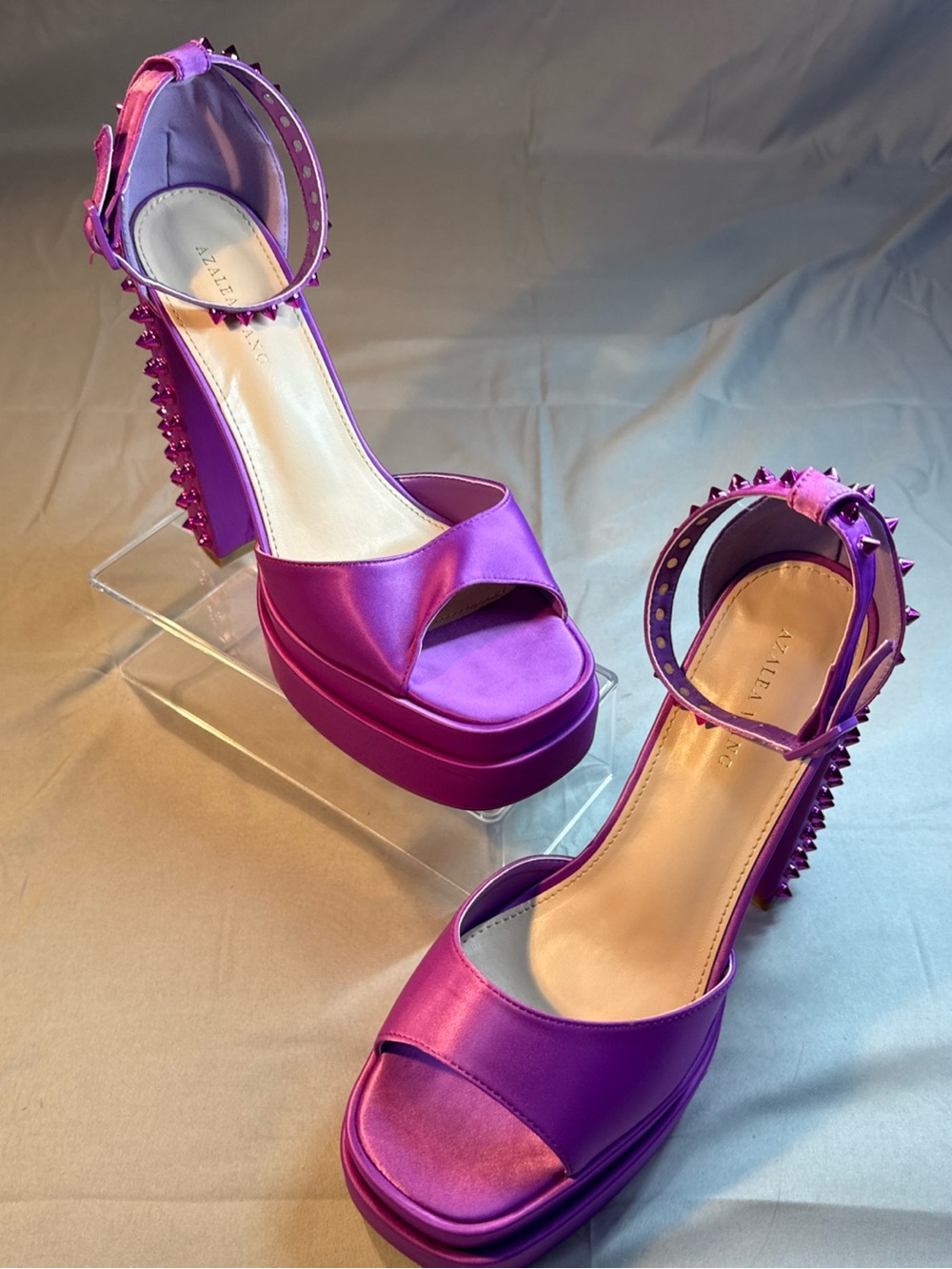 Azalea Wang Pink Satin Platform Sandals with Studded Heel